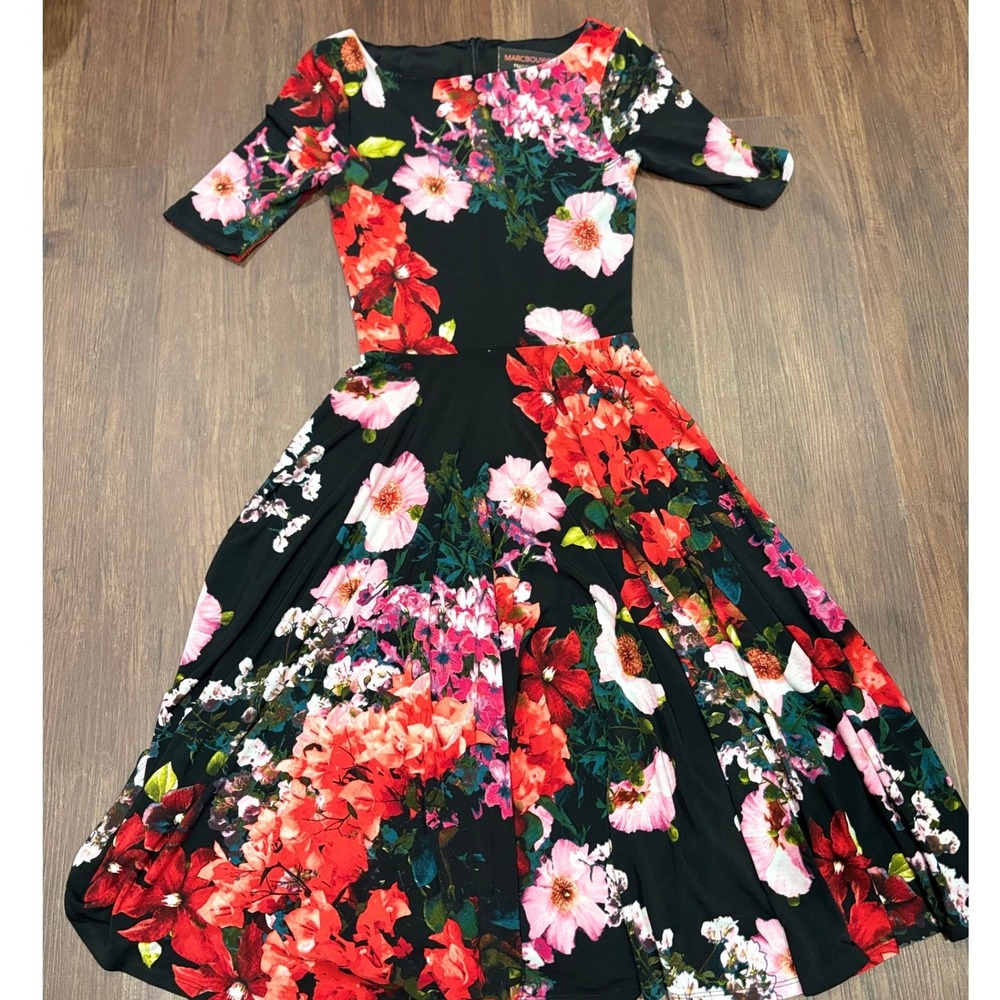 Marc Bouwer Bold Floral Fit Flare Midi Dress 0 Black Pink Jersey Elbow Sleeve